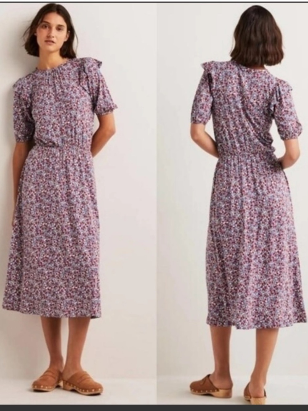 Boden Jersey Knit Midi Dress Ruffle Shoulder Paisley Floral All Over Print Sz 4 - Picture 16 of 16